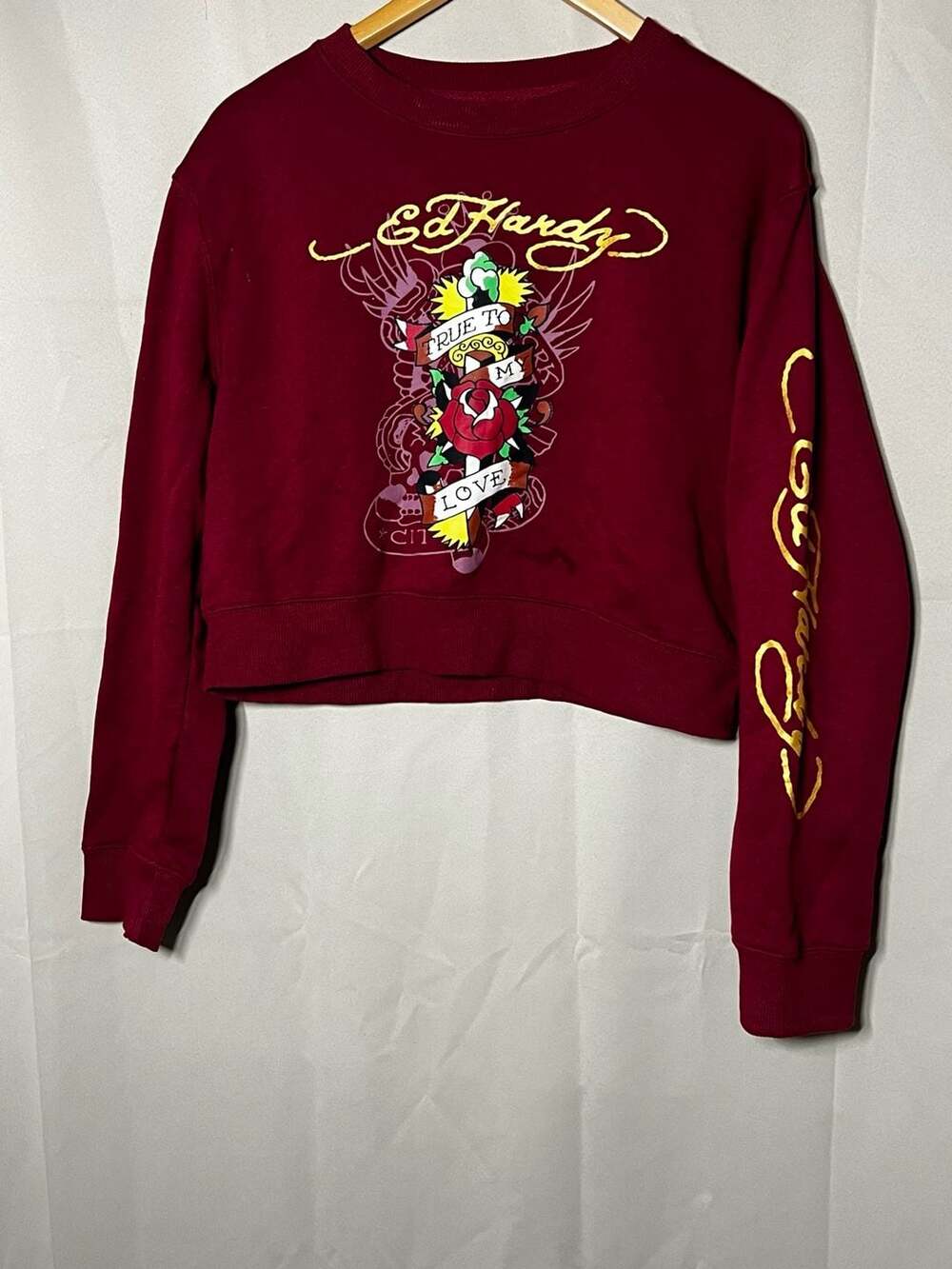 Ed Hardy Womens L Burgundy Cropped Sweatshirt True Love Tattoo Graphic Y2K